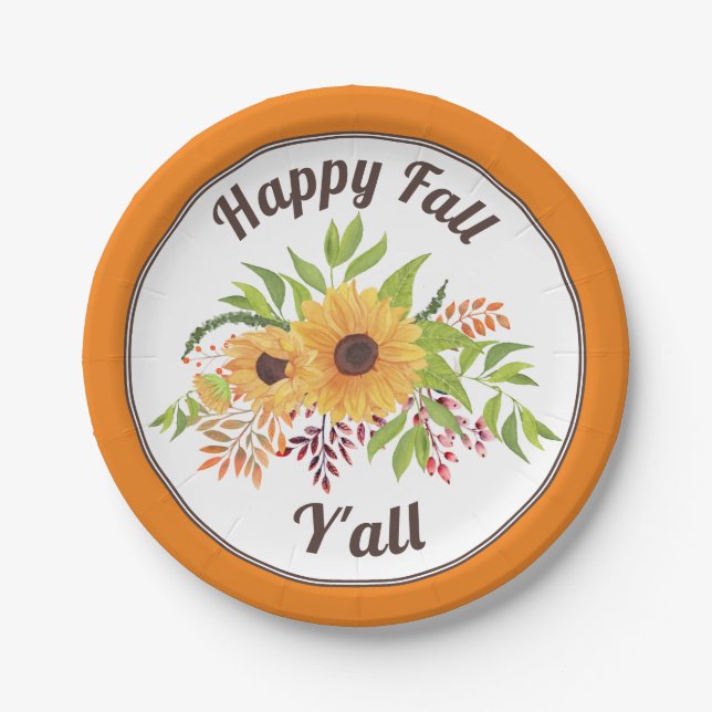 Plato De Papel Naranja de girasoles acuarelas Feliz otoño (Anverso)