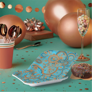 Plato De Papel Naranja de gradiente Círculo Concéntrico Turquesa