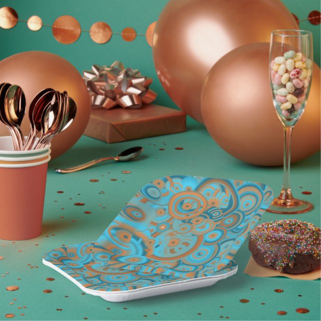 Plato De Papel Naranja de gradiente Círculo Concéntrico Turquesa  (Multi)