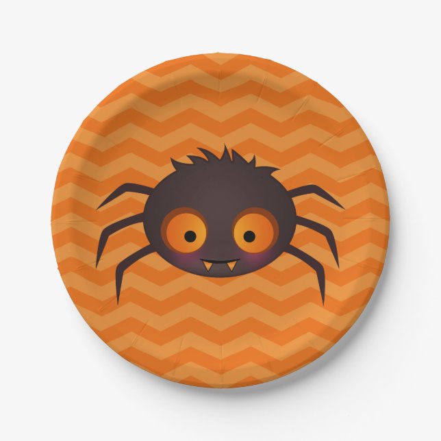 Plato De Papel Naranja de Halloween Chevron Cute Spider Design (Anverso)