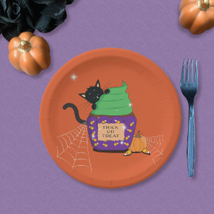 Plato de papel naranja de Halloween gato negro lin