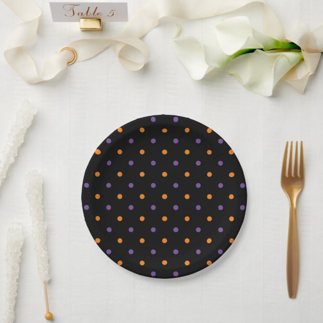 Plato De Papel Naranja de Halloween polka negro púrpura fiesta (Boda)