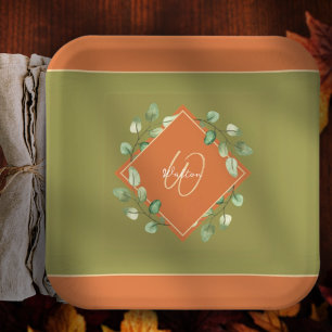 Plato De Papel Naranja de hojas de otoño y monogramado verde