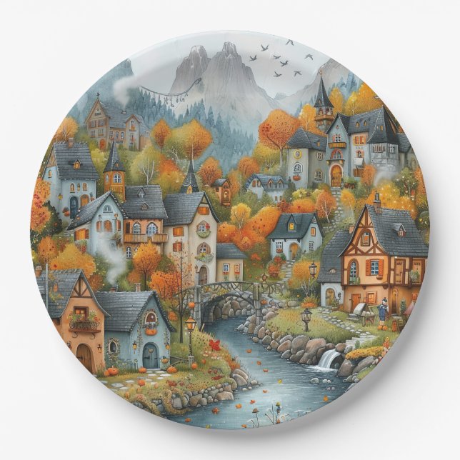 Plato De Papel Naranja de la época Ilustracion de los Árboles del (Anverso)