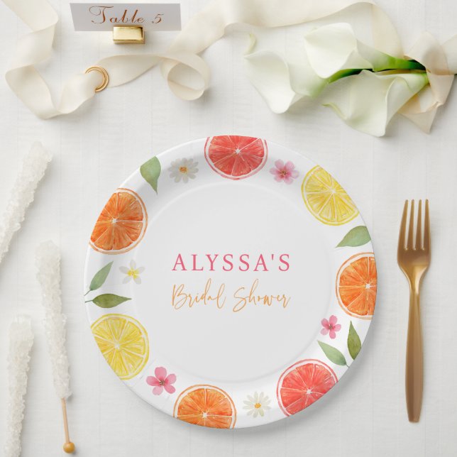 Plato De Papel Naranja de limón floral de Citrus (Boda)
