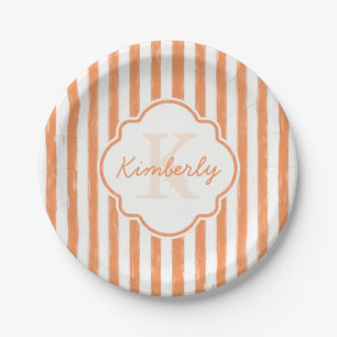Plato De Papel Naranja de moda Tiras pintadas Monograma y nombre