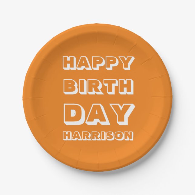 Plato De Papel Naranja de nombre personalizado de cumpleaños feli (Anverso)