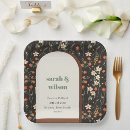 Plato De Papel Naranja de óxido oscuro Groovy Boda floral de arco