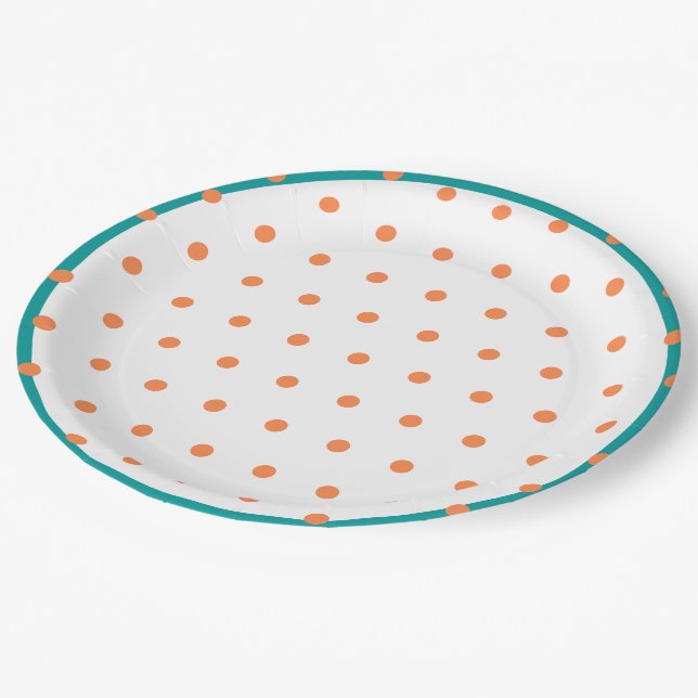 Plato De Papel Naranja de polka geométrica  blanco Verde azulado (Angular)