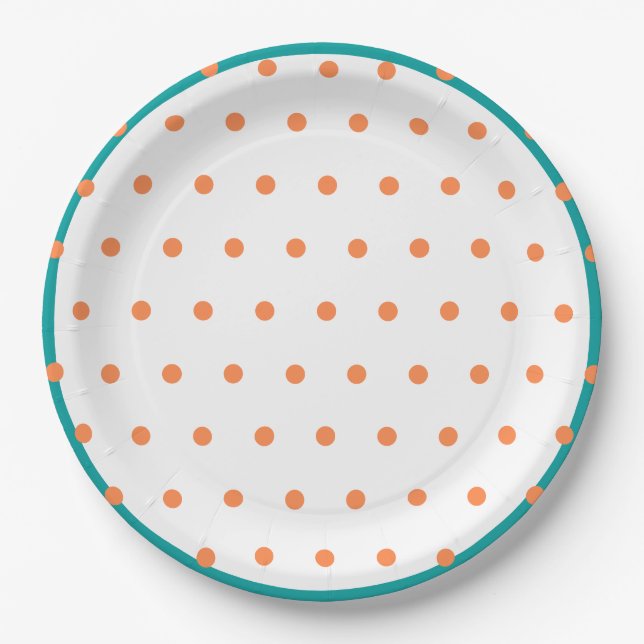 Plato De Papel Naranja de polka geométrica  blanco Verde azulado (Anverso)