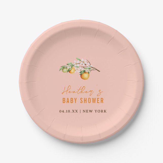 Plato De Papel Naranja de verano moderno Citrus Baby Shower (Anverso)