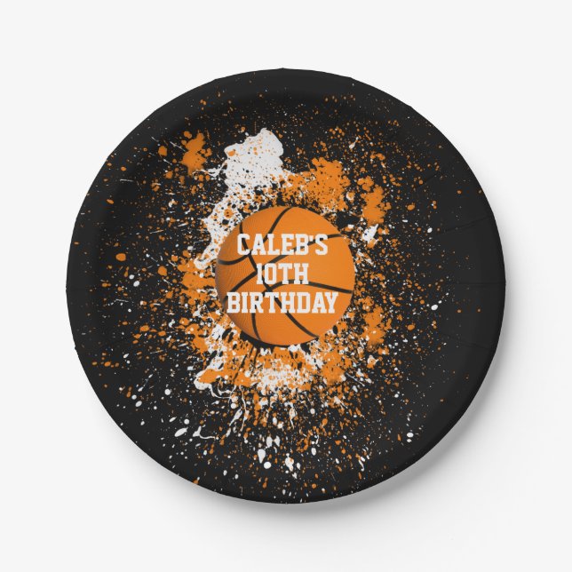 Plato De Papel Naranja del baloncesto Grunge Paint Splatt - Negro (Anverso)