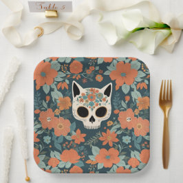 Plato De Papel Naranja del cráneo del gato Floral Verde oscuro