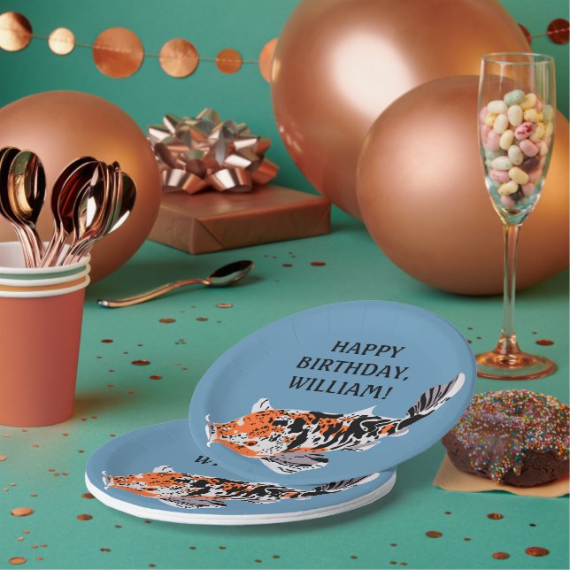 Plato De Papel Naranja del Ilustracion de pescado Koi, Partido Cu (Multi)