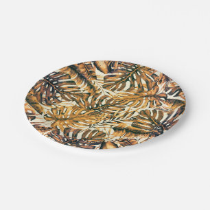 Plato De Papel Naranja Dorado Elegantes Hojas de Palma Tropicales