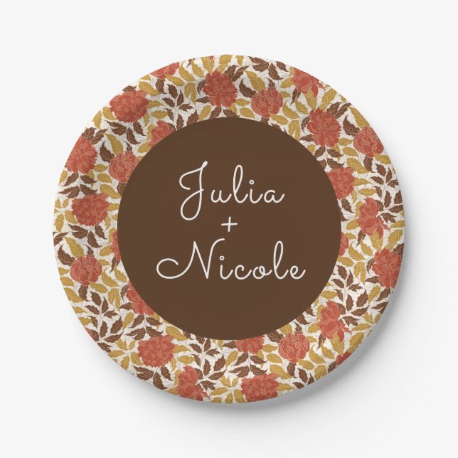 Plato De Papel Naranja Dusty Brunt Peony Flores Caen Boda (Anverso)