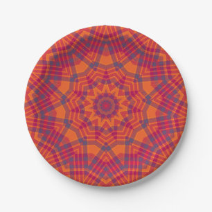 Plato De Papel Naranja en Purple Plaid Kaleidoscope