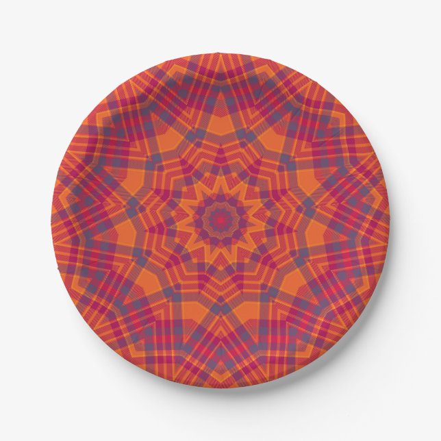Plato De Papel Naranja en Purple Plaid Kaleidoscope (Anverso)