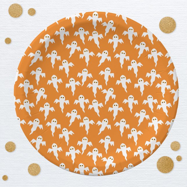 Plato De Papel Naranja fantasma de Halloween (Fun ghost pattern orange paper plates for Halloween)