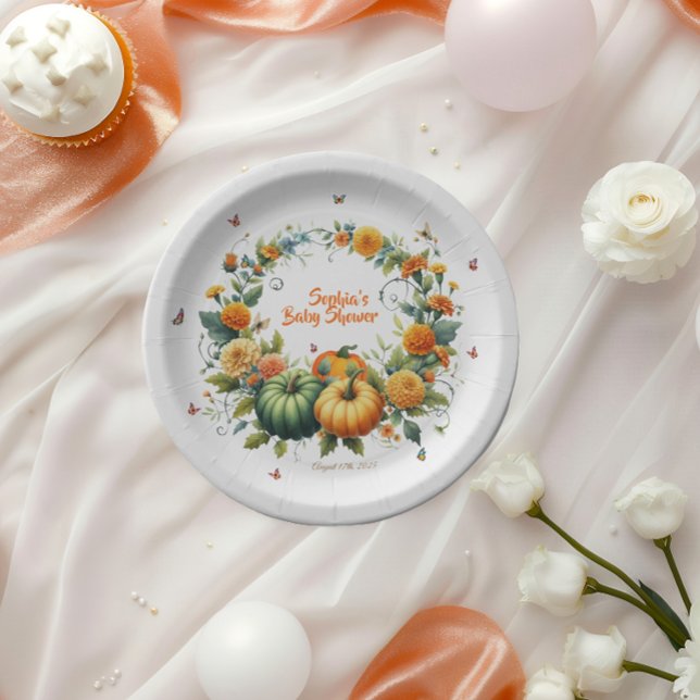 Plato De Papel Naranja Floral Adorable Green Pumpkins Baby Shower (Subido por el creador)