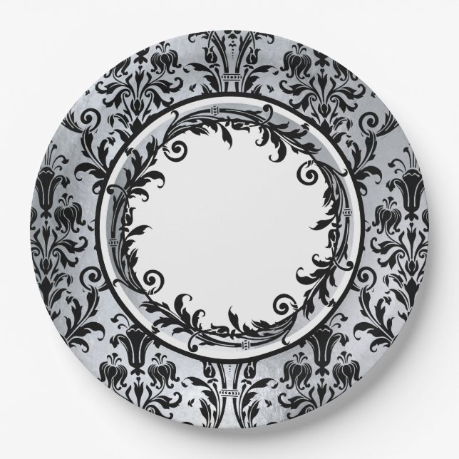 Plato De Papel Naranja floral Black Silver Moda Damask Personaliz (Anverso)