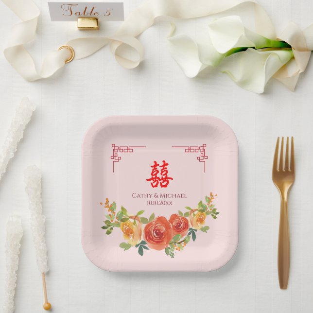 Plato De Papel Naranja flores amarillas boda chino (Boda)