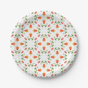 Plato De Papel Naranja flores patrón de hojas verdes