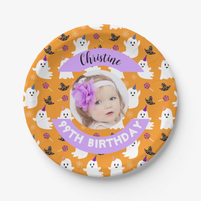 Plato De Papel Naranja fotográfico personalizado Halloween Ghost  (Anverso)