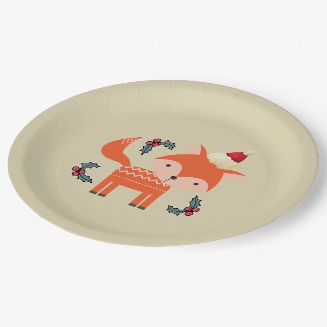Plato De Papel Naranja Fox En Santa Hat Cuidados Navidades Whimsi (Angular)