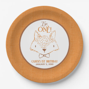 Plato De Papel Naranja Fox y blanco primer cumpleaños personaliza