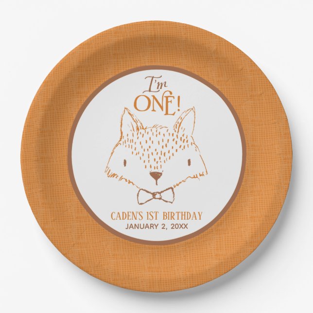 Plato De Papel Naranja Fox y blanco primer cumpleaños personaliza (Anverso)