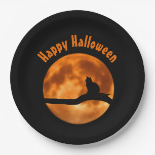 Plato De Papel Naranja Gato Negro Moon Happy Halloween