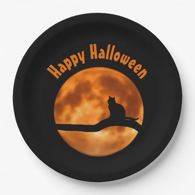 Plato De Papel Naranja Gato Negro Moon Happy Halloween (Anverso)