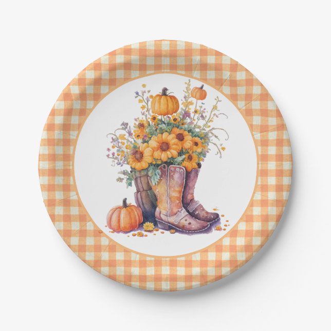 Plato De Papel Naranja Gingham Country Floral Fall (Anverso)