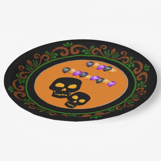 Plato De Papel Naranja Green Black Skulls Happy Halloween (Angular)