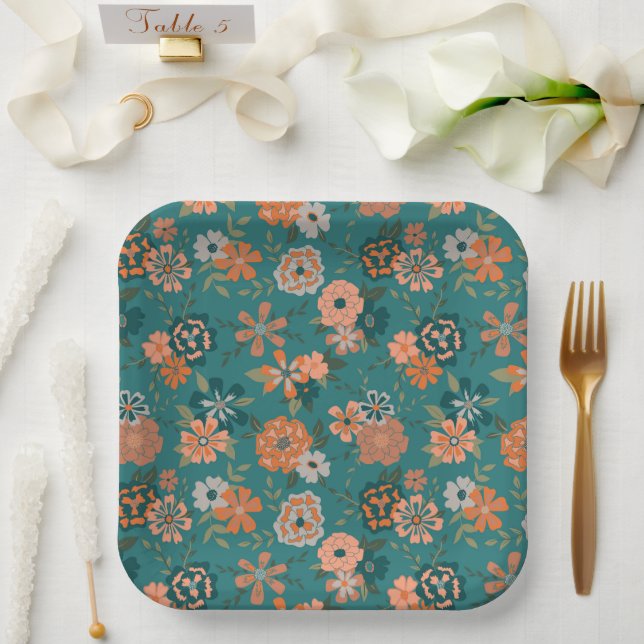 Plato De Papel Naranja  Green Botanical Pattern Event (Boda)