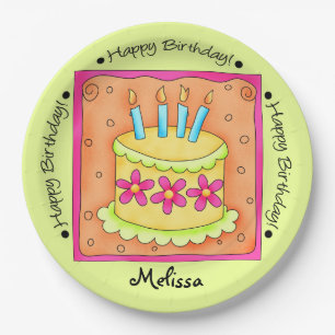 Plato De Papel Naranja Green Happy Birday Cake Name Personalizado