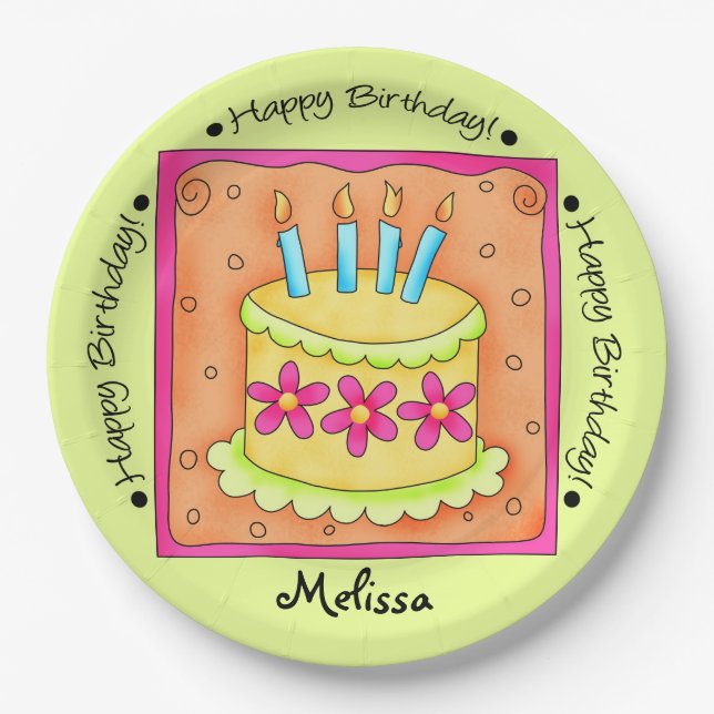 Plato De Papel Naranja Green Happy Birday Cake Name Personalizado (Anverso)