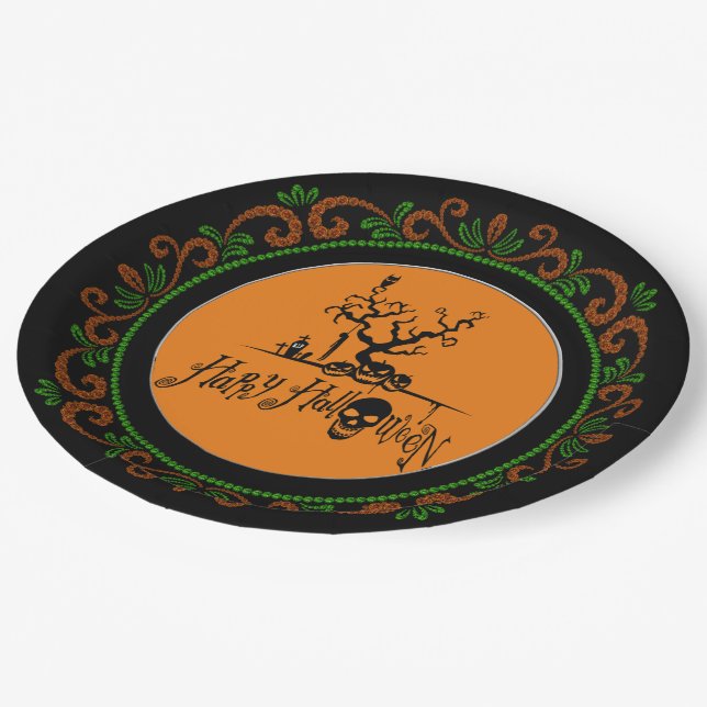 Plato De Papel Naranja Green Happy Halloween Grave Yard (Angular)