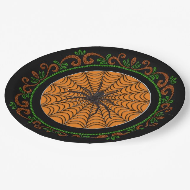 Plato De Papel Naranja Green Spider Web Y Black Spider Halloween (Angular)
