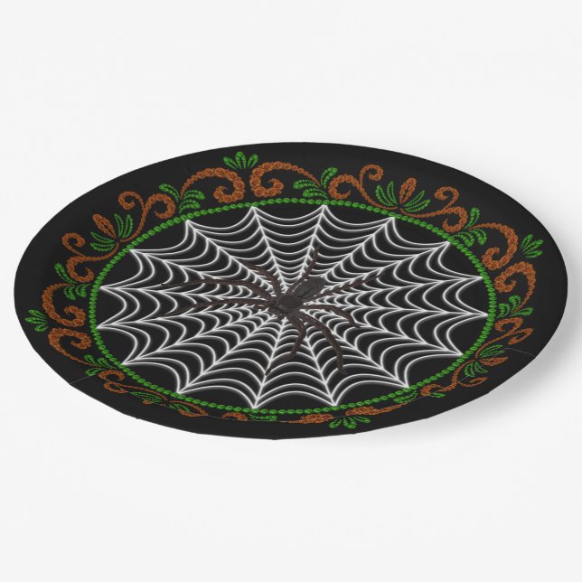 Plato De Papel Naranja Green White Spider Web Y Black Spider (Angular)