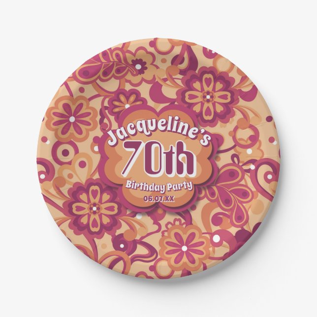 Plato De Papel Naranja Groovy Psychedelic años 60 Años 70 Cumplea (Anverso)