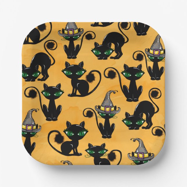 PLATO DE PAPEL NARANJA HALLOWEEN CON GATOS NEGROS CUIDADOS (Anverso)