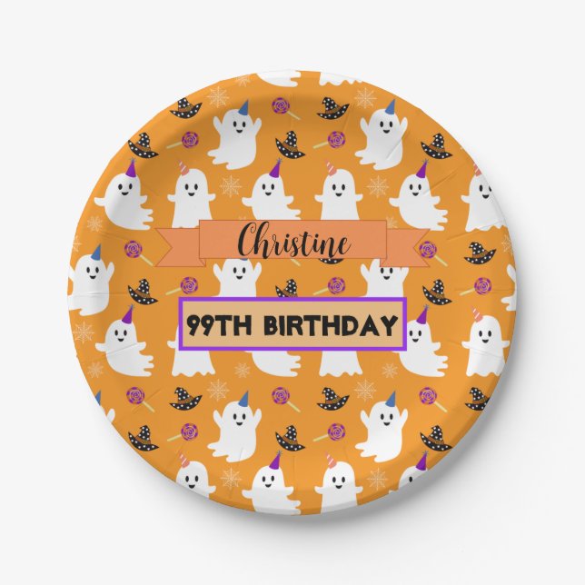 Plato De Papel Naranja Halloween Ghost Birthday Party Personaliza (Anverso)