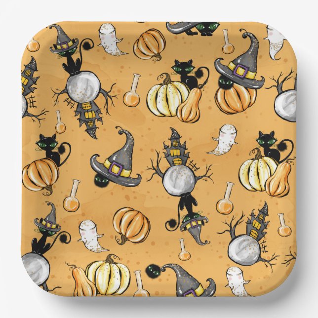 PLATO DE PAPEL NARANJA HALLOWEEN PUMPKINS CUTE GATOS NEGROS (Anverso)
