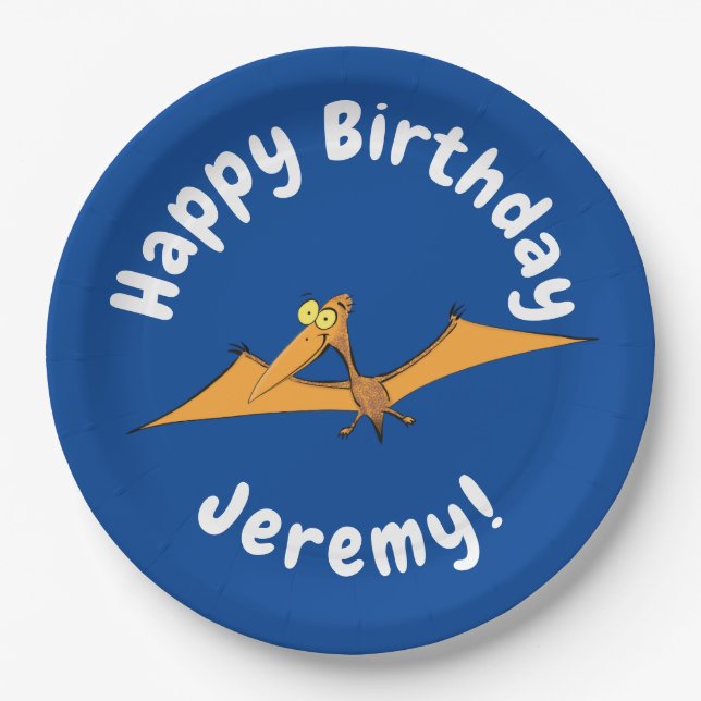 Plato De Papel Naranja lindo y gracioso personalizado pterodáctil (Anverso)