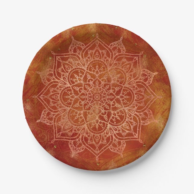 Plato De Papel Naranja Mandala & Gold Glam Moda moderna (Anverso)