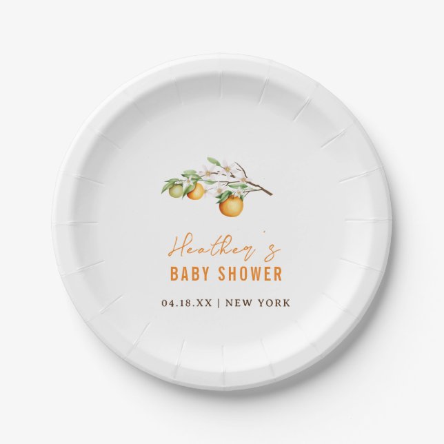 Plato De Papel Naranja minimalista Citrus Baby Shower (Anverso)