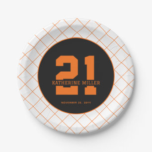 Plato De Papel Naranja moderno de cumpleaños 21 personalizado