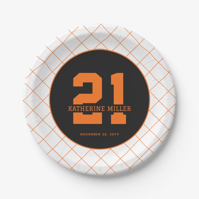 Plato De Papel Naranja moderno de cumpleaños 21 personalizado (Anverso)